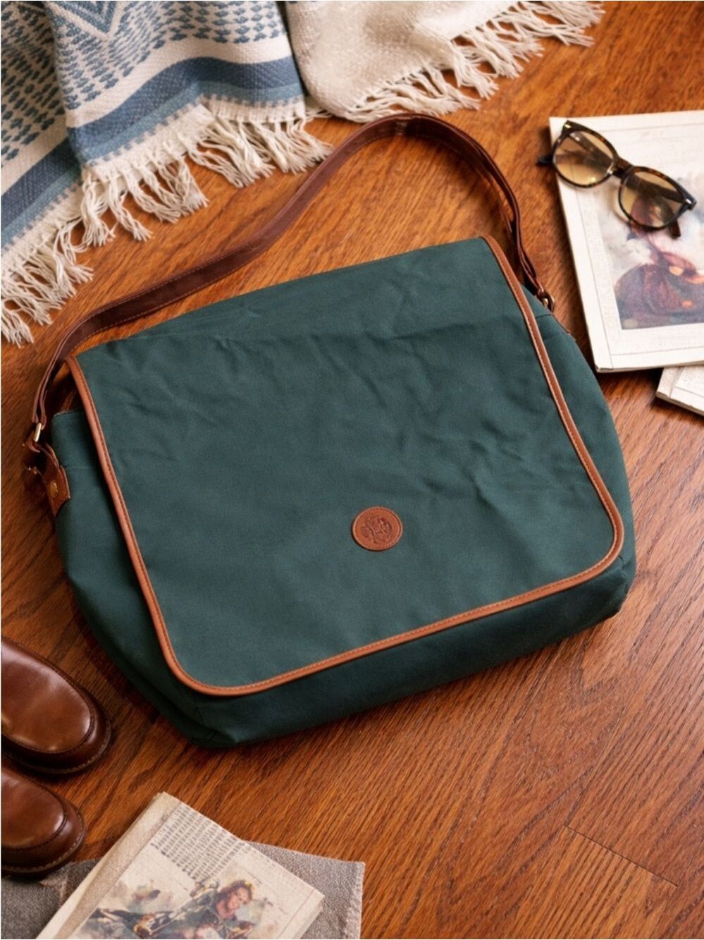 Vintage 90s Polo Ralph Lauren Canvas Messenger Bag Green Leather Trim Equestrian